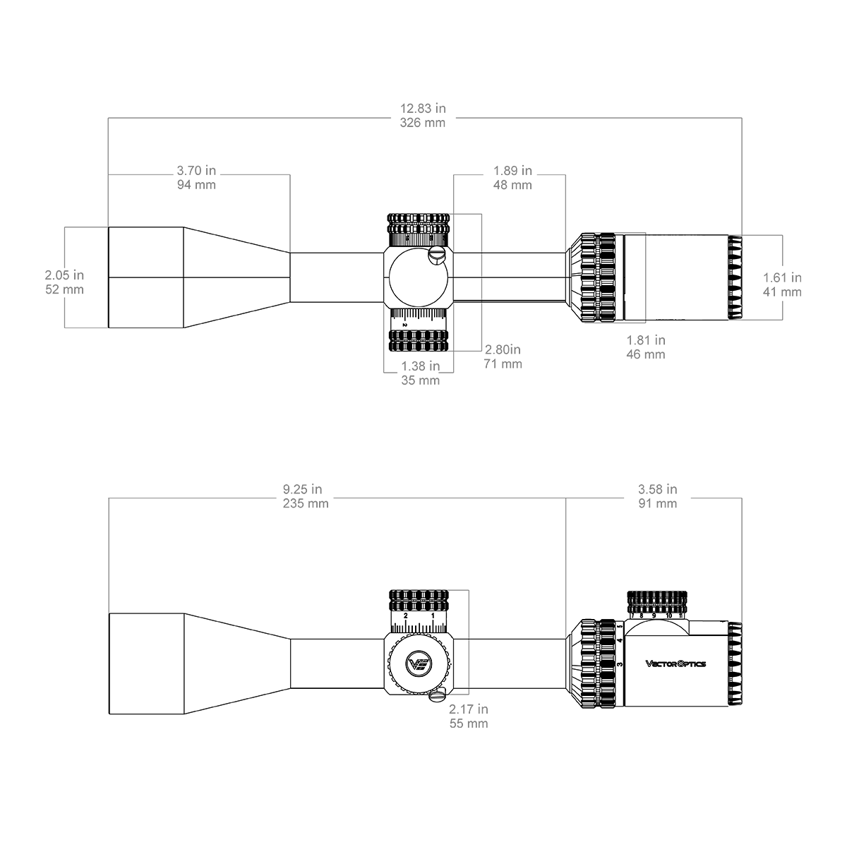 SCOM-44 Hugo 3-12x40i Fiber Dimensions